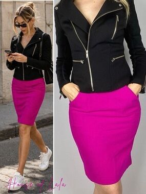 100% Wool fuchsia pink pencil skirt with pockets. Classic capsule wardrobe piece